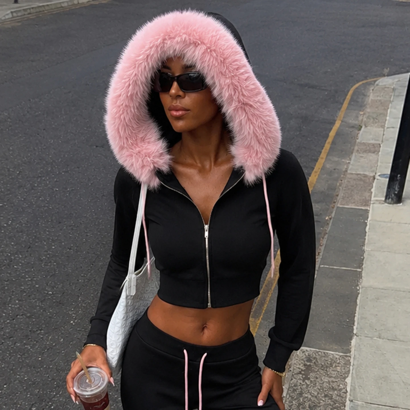 Women Y2K Black Cropped Zip Up Hoodie Jacket Pink Faux Fur Trim Hood Drawstring Slim Fit Casual Streetwear Long Sleeve Coat Fall