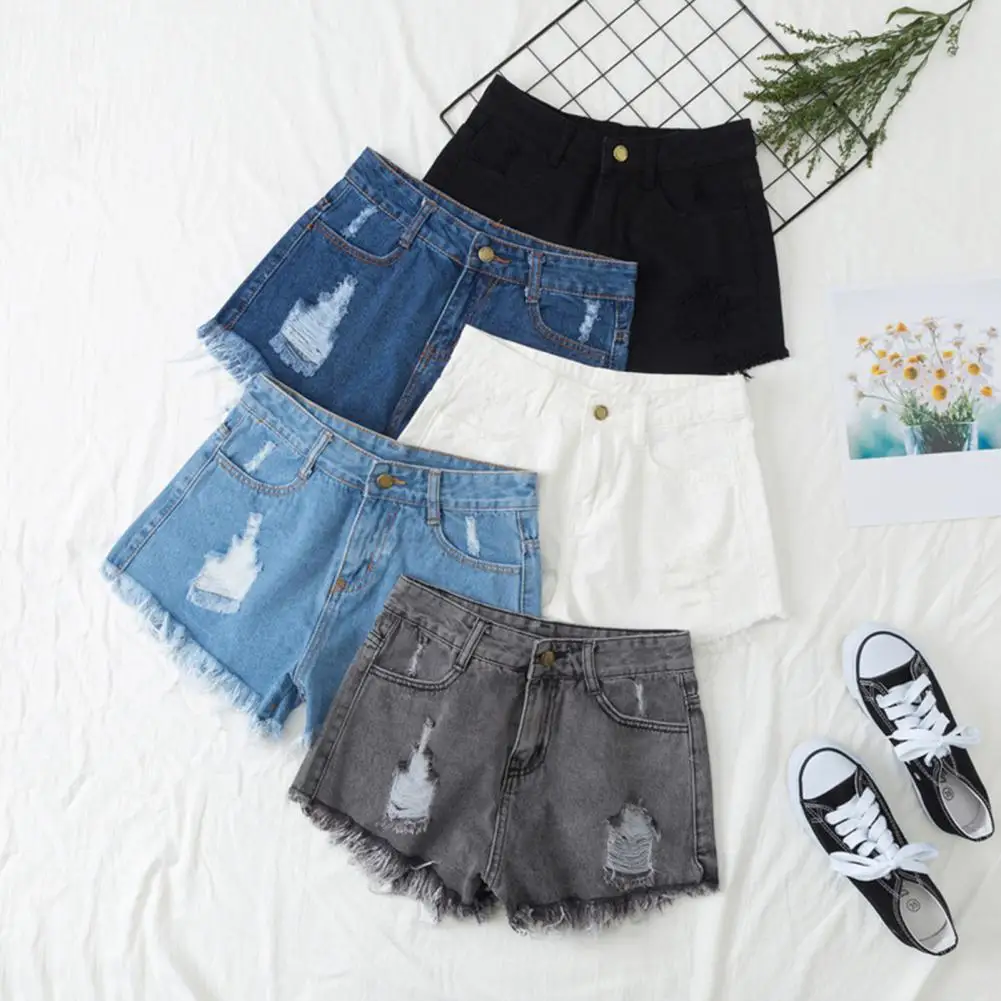 

Women Denim Shorts Summer Ripped Hole High Waist Loose Shorts Loose Fit Button Zipper Closure A-line Pockets Short Jeans