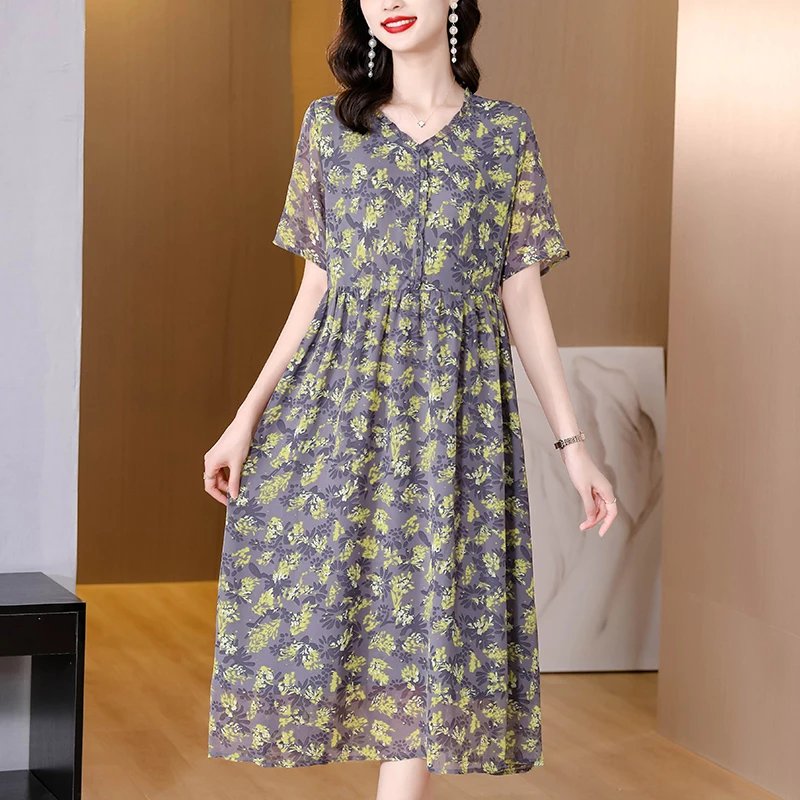 

2024 Fashion Flower V-Neck Midi Chic Dress Spring Summer Short Sleeve Casual Dress Women Korean Elegant Bodycon Night Vestidos