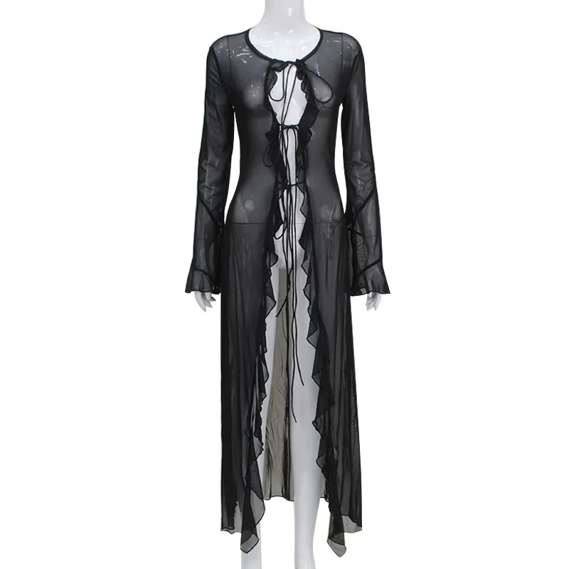 Cárdigan transparente de malla para mujer, vestido largo con cordones y borde de hongo, estilo Spice Girl, moda urbana, primavera 2026