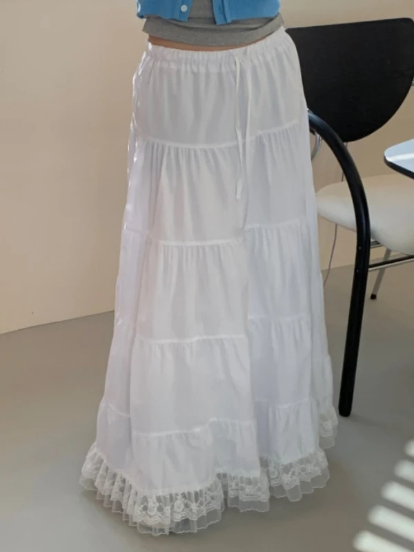 

Ele Lace Trim f Skirt Women's Elastic Waist Slimming Sweet Match A-Line Long Skirt Commute Sle mid Waist Long Skirt