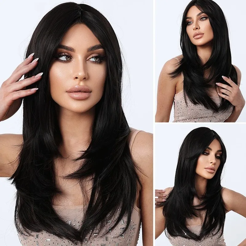 Women's wig with bangs, multi-layered long straight hair, synthetic fiber, machine-made, black-brown full head wig