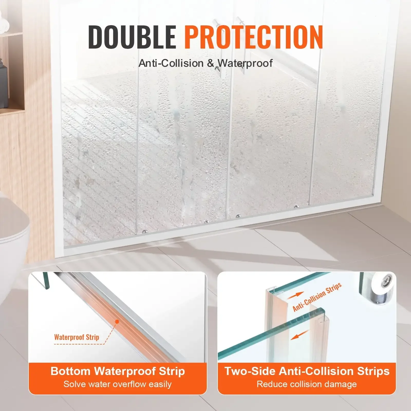 Semi-frameless Double Sliding Shower Door SGCC Tempered Glass 1/4" Chrome