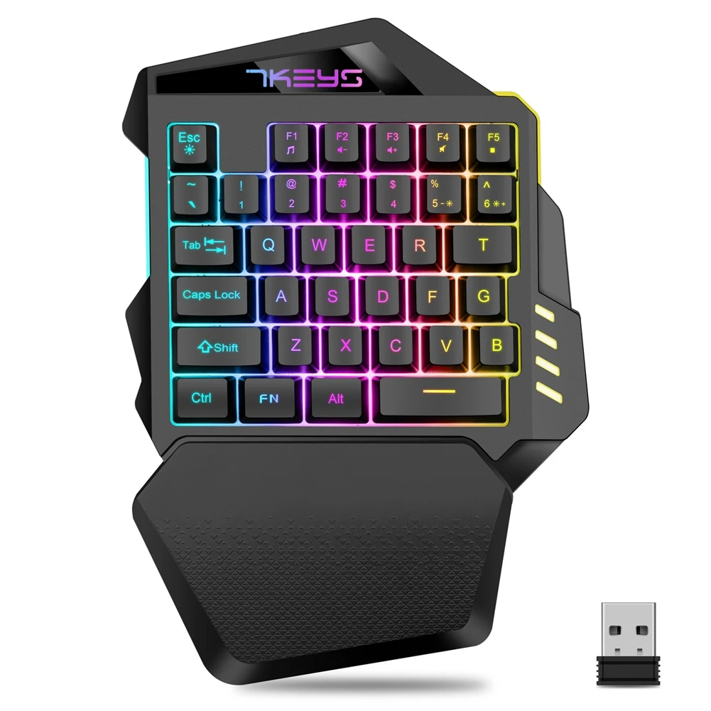 One Hand Wireless Gaming Keyboard RGB Backlit Portable Mini Keyboard Game Controller for PC PS4 Xbox Gamer