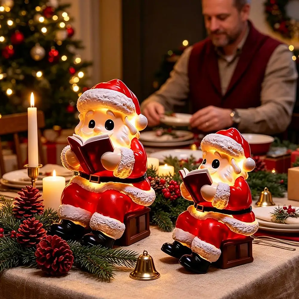 Handcrafted Resin Santa Claus Ornament LED Illuminated Figure for Christmas Home Decoration Mantel or Fireplace