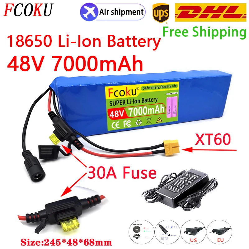 

13S2P 48V 7000mah 18650 Lithium Ion Battery Pack 1000w Xt60 Plug Built-in BMS For Ebike Electric Bicycle Battery + Fuse