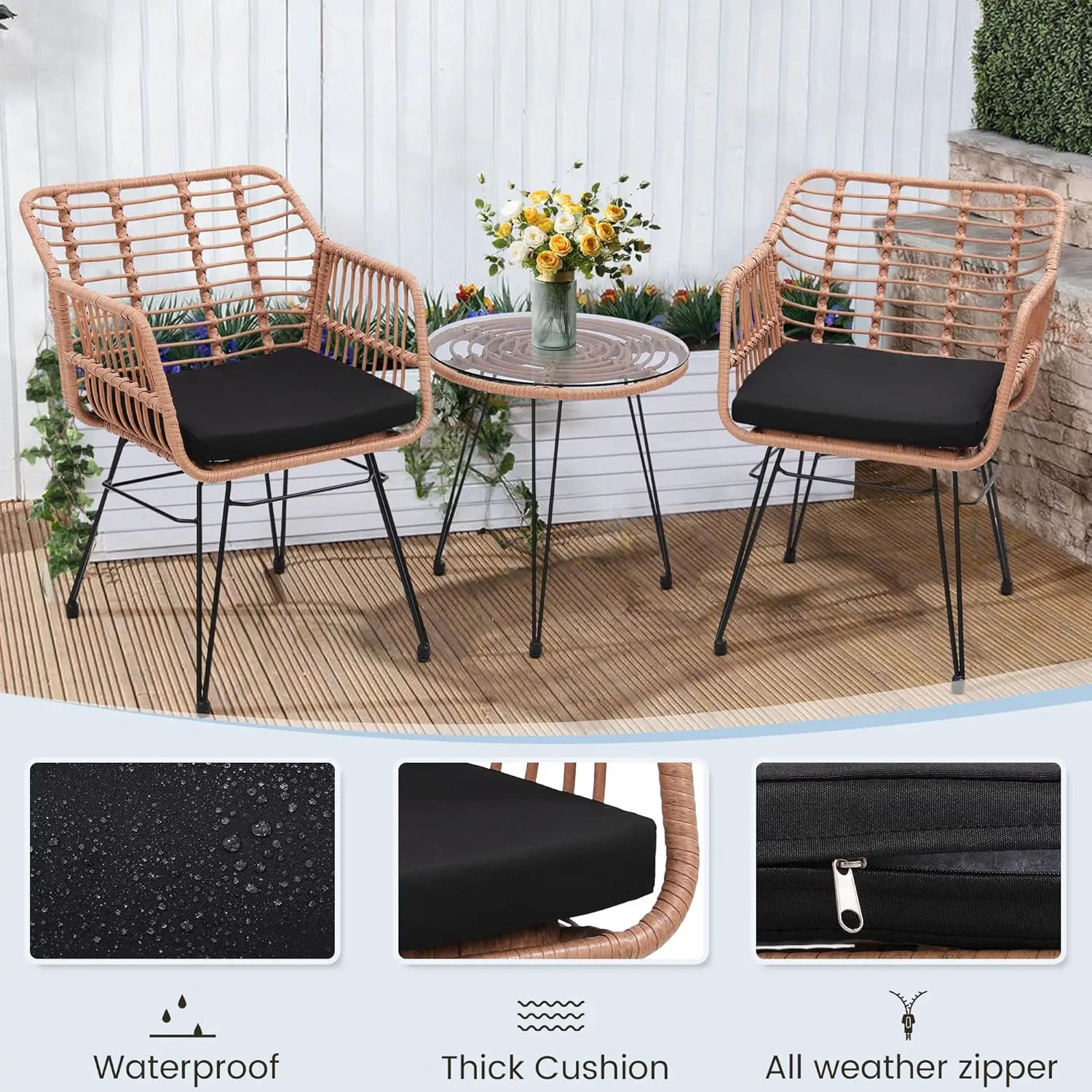 مجموعة أثاث Wicker Patio Bistro مكونة من 3 قطع، تتضمن كرسيين من الخيزران وطاولة علوية زجاجية، مثالية للشرفة والخارجية والفناء الخلفي