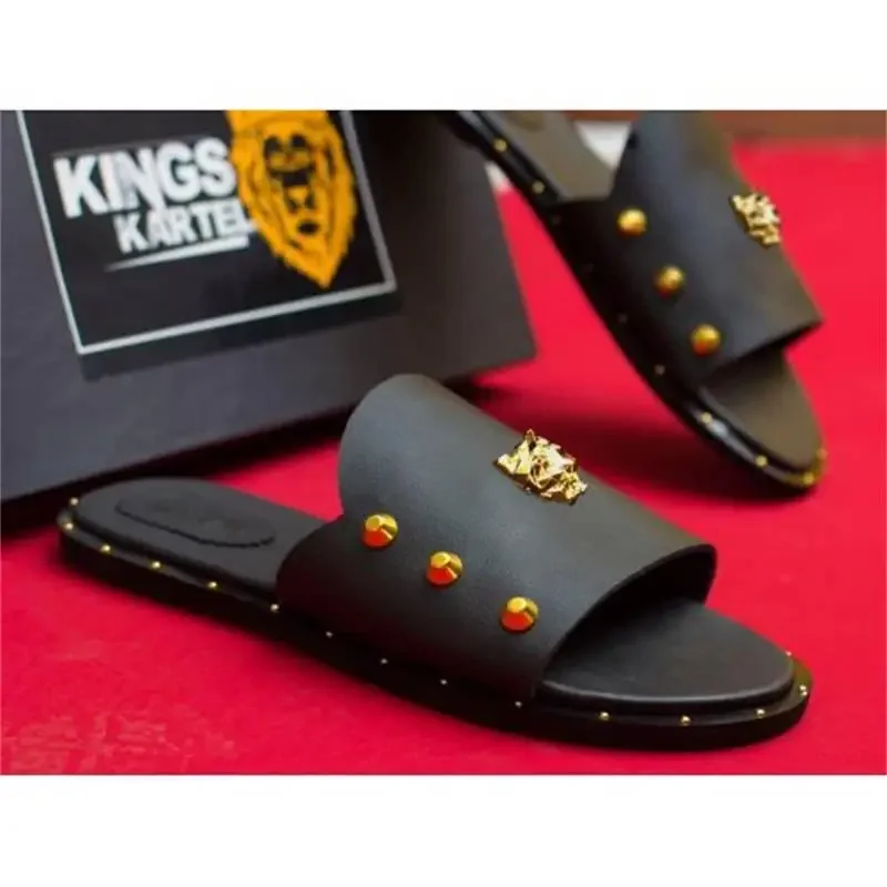 Sandals Men Shoes PU Solid Color Fashion Casual Beach Pool Daily Classic One Word Open Toe Rivet Metal Flat Heel Slippers