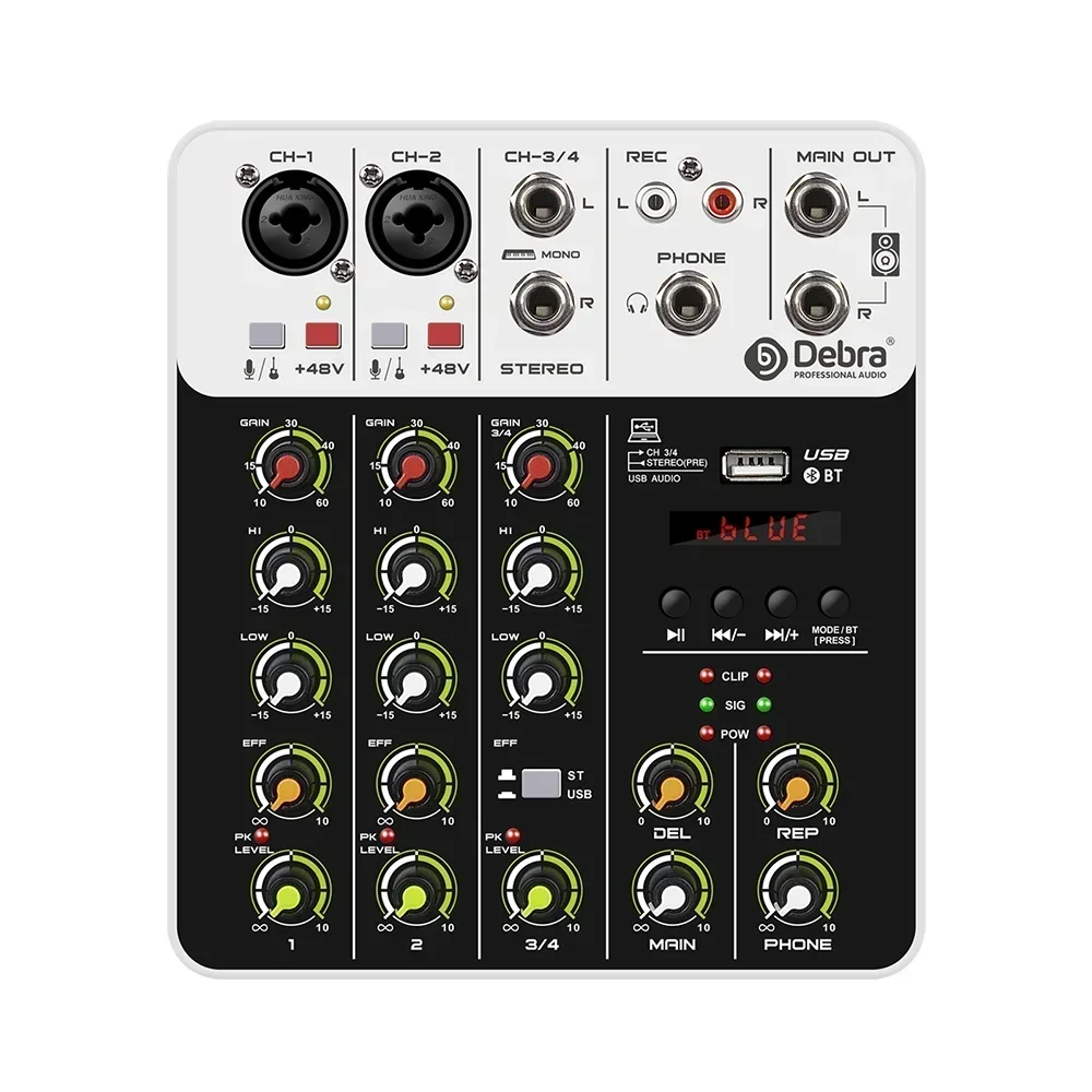 4 Channels Audio Mixer Bluetooth USB Record Computer DJ Console Mixing 48V Phantom Power Delay Repaeat Effect V4 Sound Mixers