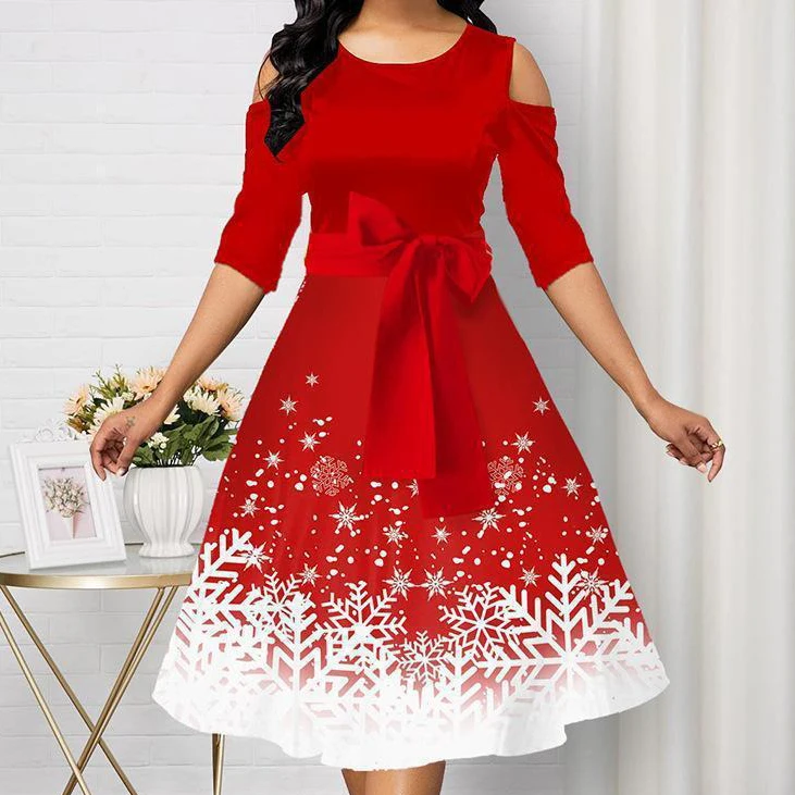 جديد مثير عيد الميلاد فستان محكم من عند الصدر ويتدلى بشكل واسع مزاجه المألوف ندفة الثلج نمط جولة الرقبة قبالة الكتف التعادل حزام الملابس النسائية #5