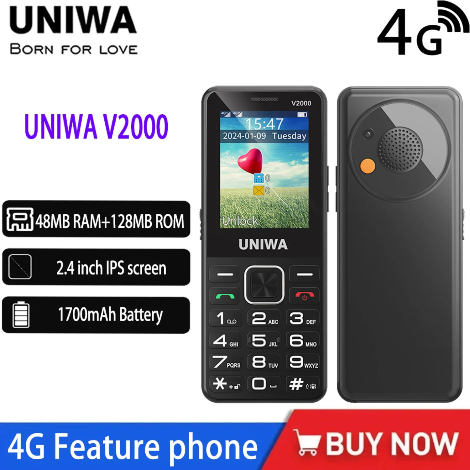 Global Edition UNIWA V2000 4G Keypad Phone Big Volume Earpiece Flashlight Mobile Phone for Seniors Russia Keyboard 1700mAh SOS