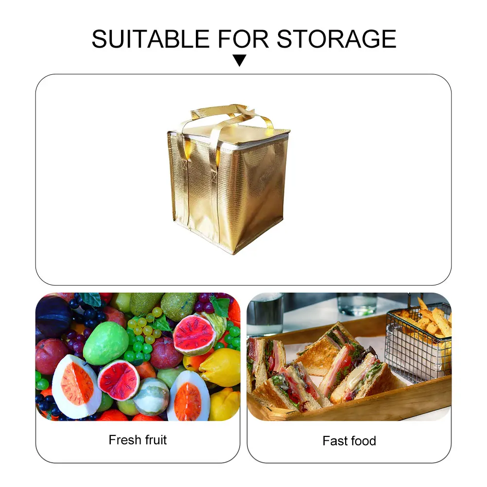 

Insulated Aluminum Foil Food Carrier 35x37x36cm Golden Double Zipper Takeout Delivery Bag Heat Preservation Non-woven Kitchen