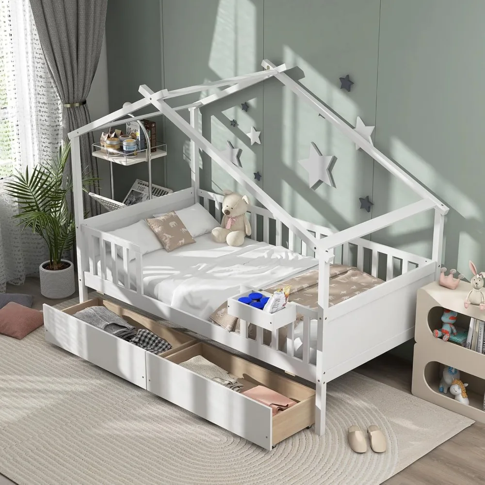 

, Wooden Kids Bed Frame with Roof & Fence Rails, Tent Bed with Headboard & Footboard No Box Spring Needed Twin Bed Frame