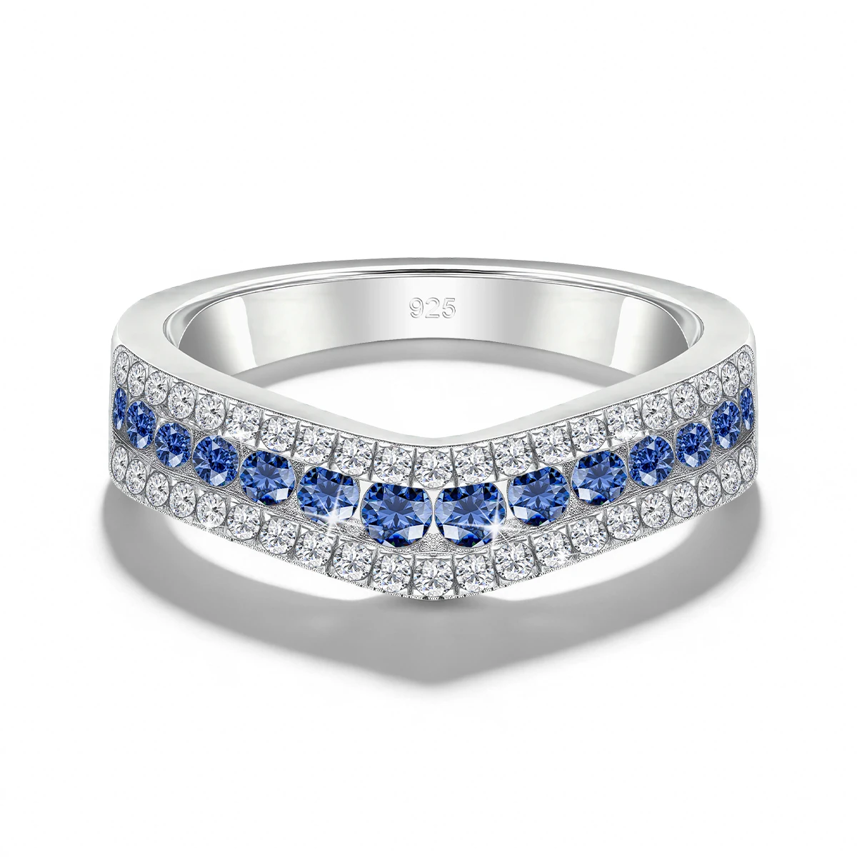 

925 Sterling Silver V-Shaped Curved Ring with Blue Corundum & Moissanite Luxury Half Eternity Wedding Party Band for Women