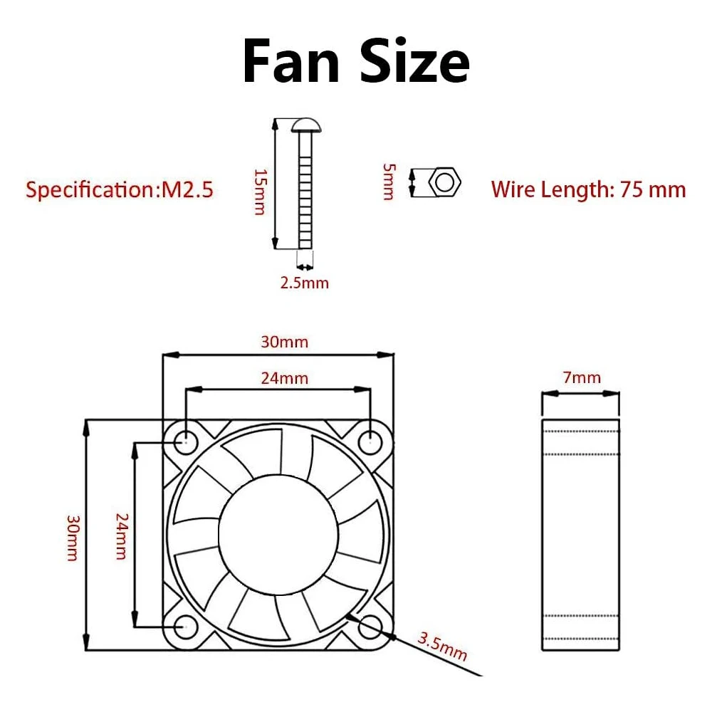 Cooling Fan 30 x 30 x 7mm DC 5V/3.3V Brushless CPU Cooling Fan with Screws for Raspberry Pi 4 B, Pi 3 B+, Pi 3 B, Pi 2 B