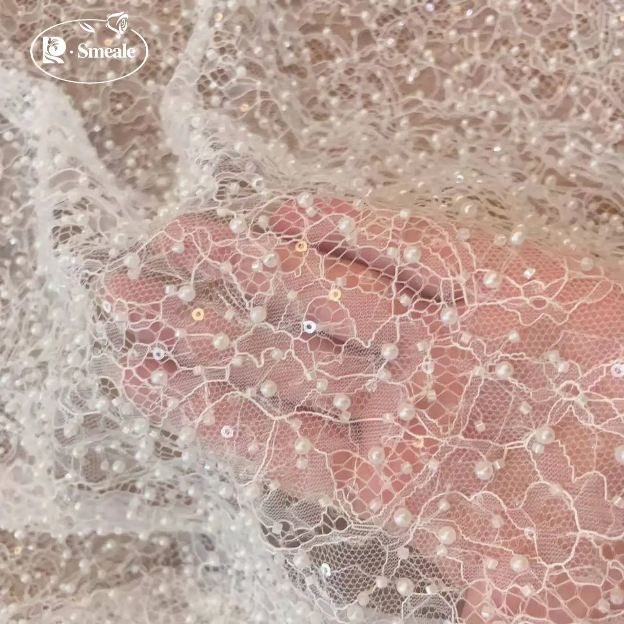 SMEALE Weiße Perlen Pailletten Spitzenstoff Luxuriöses Abendkleid Französische Spitze Braut Hochzeitsstoff. Stoffe zum Nähen. – Detail 3