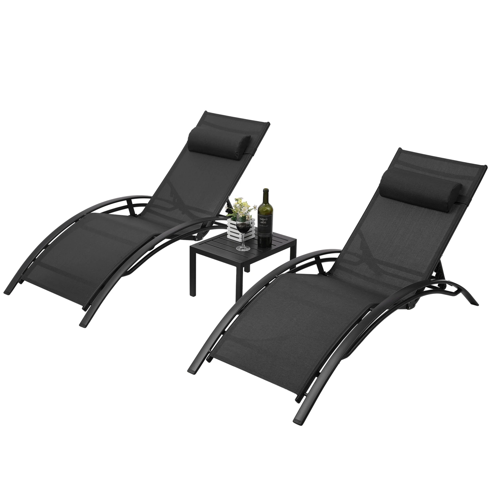 AOOU 3pcs Patio Chaise Lounge Chairs Set with Headrest, 5-Level Adjustable Sunbathing Tanning Poolside Recliner Chairs