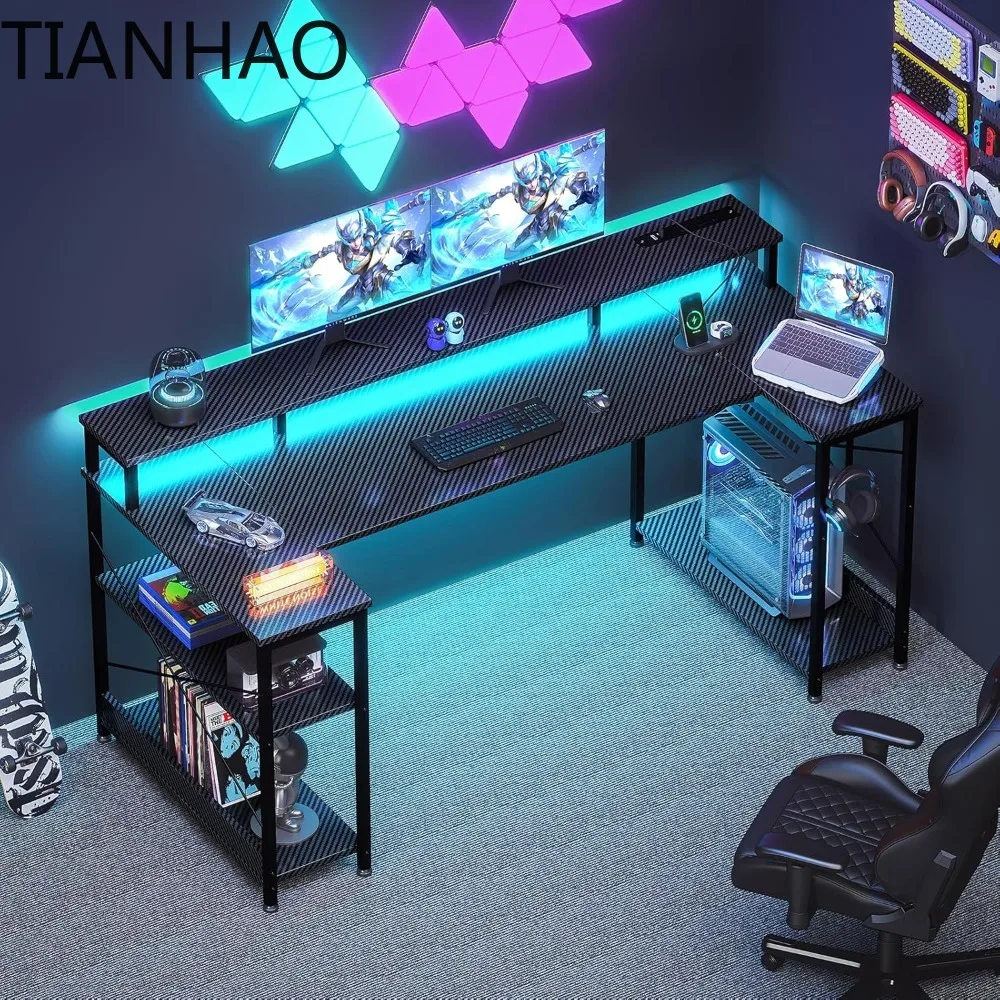 55 Inch Gaming Desk with LED Lights and Power Outlet, U-Shaped Computer Desk with Monitor Stand and Storage Shelves,