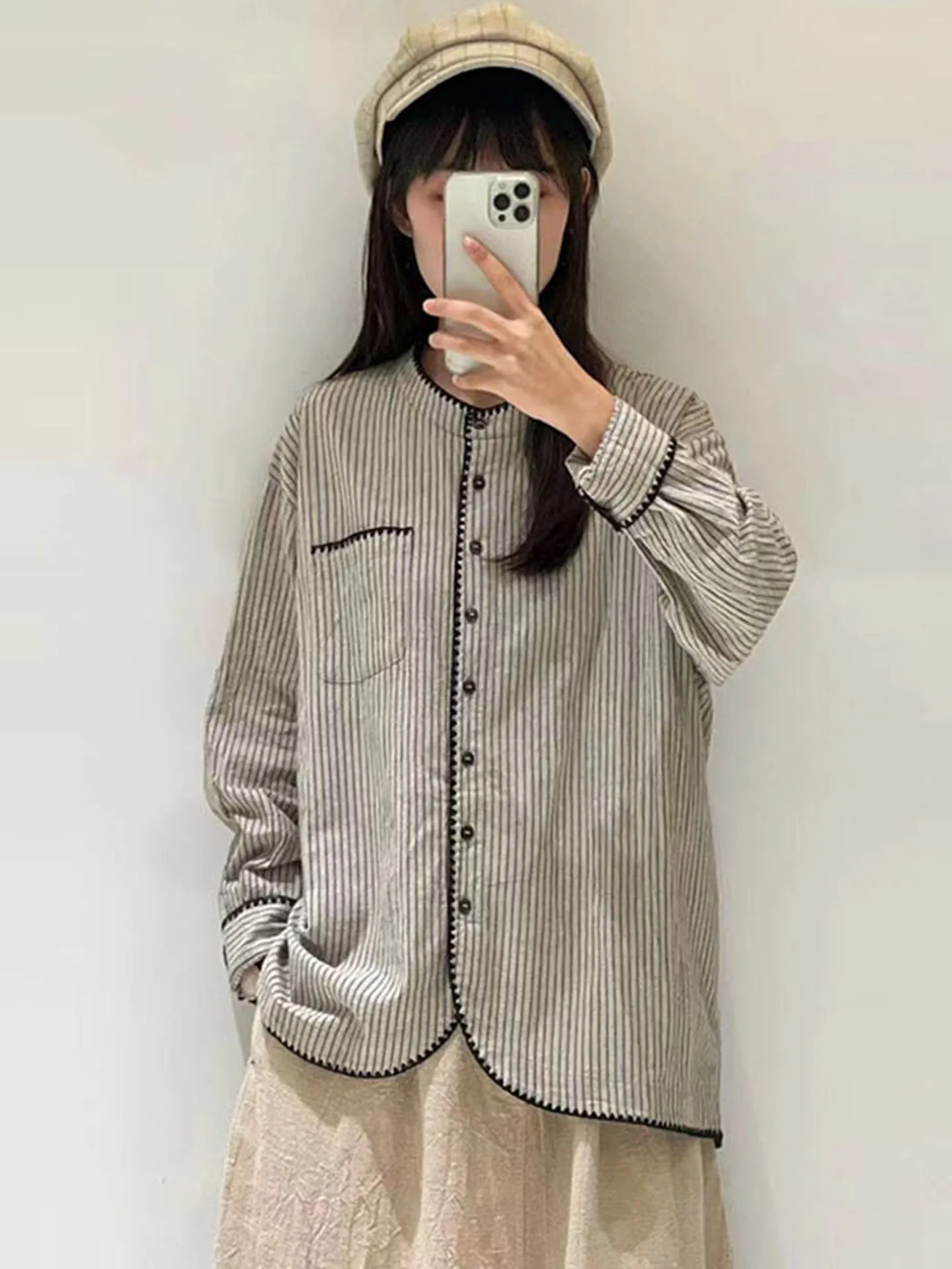 

Retro Sli Embroidered round Ne Casual irt Women's Loose Fit Spring 2026 Vertical Stripes Cotton Long Sve irt
