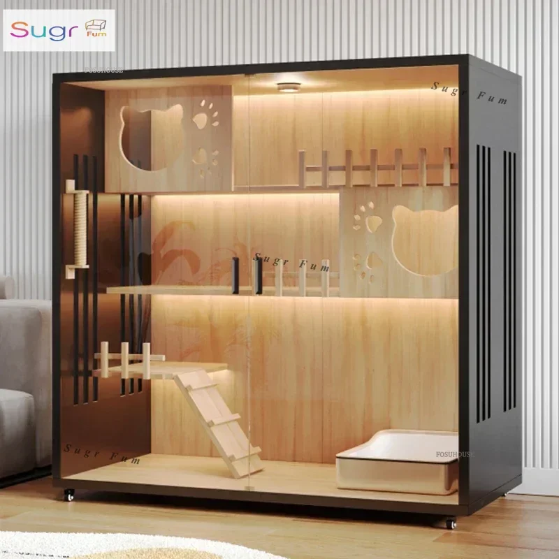 

Modern Simple Solid Wood Cat Cages Indoor Cat House Light Luxury Large Free Space Movable Cages for Cats Villa Pet Cage for Home