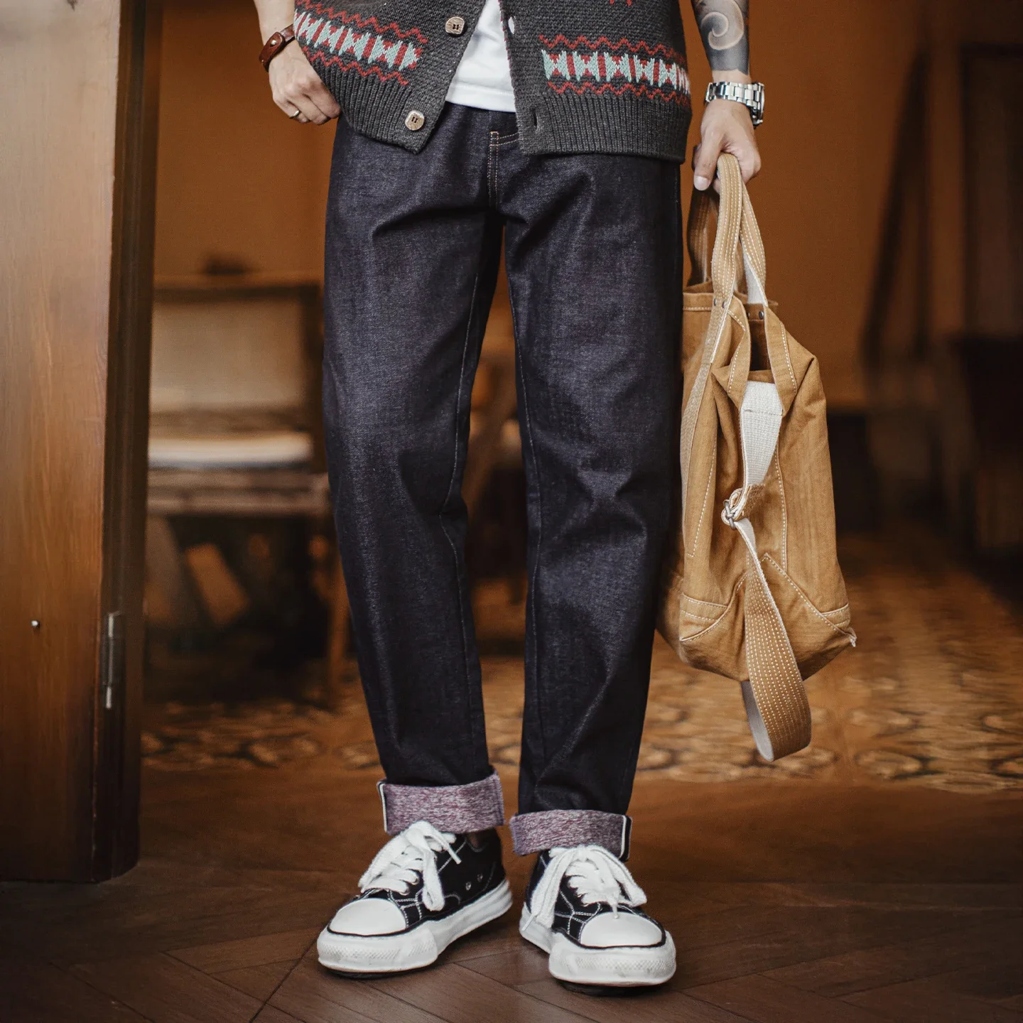 Męskie jeansy Maden Men's Vintage 10.9oz Selvedge Raw Denim Indigo o prostym kroju, zapinane na zamek, codzienne spodnie na jesień i zimę.