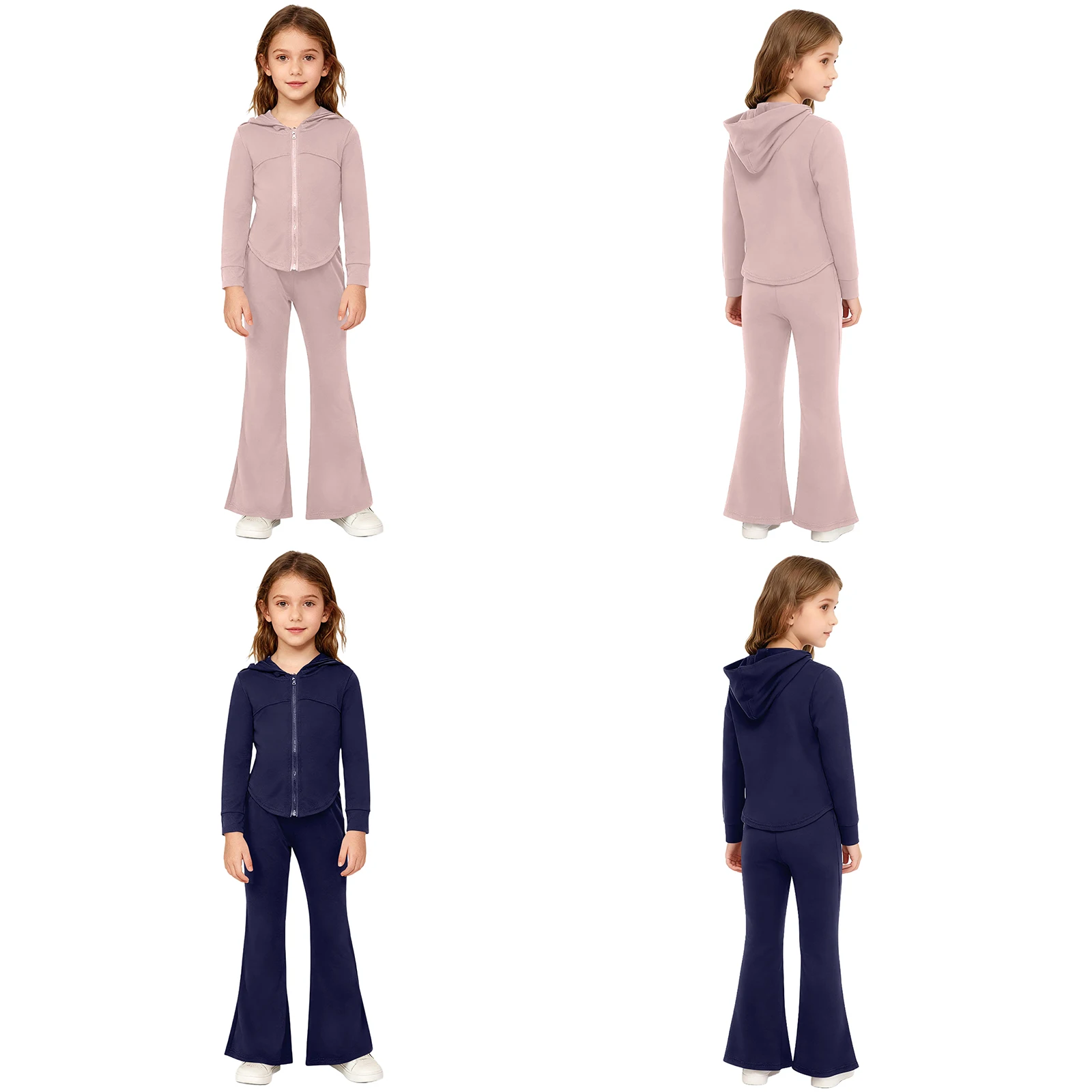 Girls 2Pcs Yoga Outfit Quick-Drying Sports Suit Fashion Long Sleeve Hooded Sweatshirt+Flared Pants for Workout Casual Daily Wear