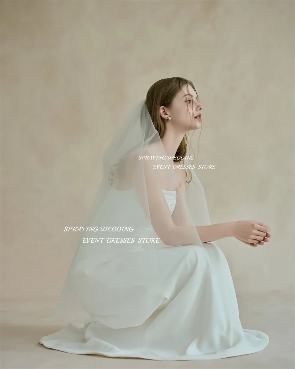 스프레이 심플 아이보리 웨딩 드레스 한국 사진 촬영 Strapless Pleat Floor-Length Bridal 가운 코르셋 웨딩드레스 맞춤형