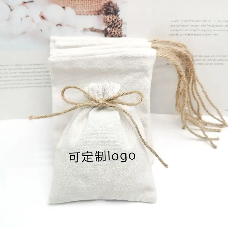 50PCS Linen Gift Bags Packaging Jewelry Cosmetic Makeup Cotton Linen Drawstring Pouch Party Gift Storage Sachet Print Logo Sack