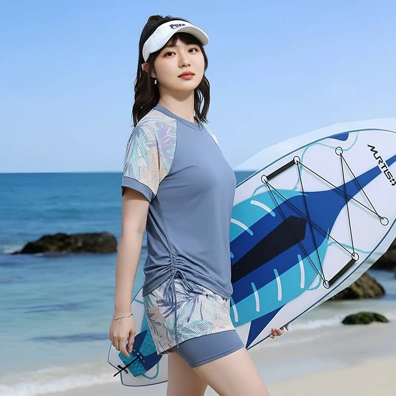 Tankini Set Tropical Print Raglan Short Sleeve Drawstring Side Top With Double Layer Shorts Sporty Beach Bathing Suit Swimwear - Image 3