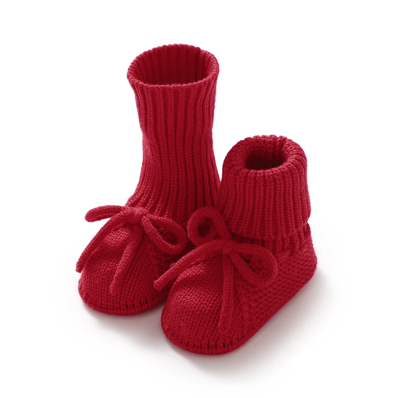 Newborn Baby Shoes Knitted Infant Boy Girl First Bed Boots Super Soft Footwear Fashion Tie Bow 0-18M Toddler Clothes Accessories