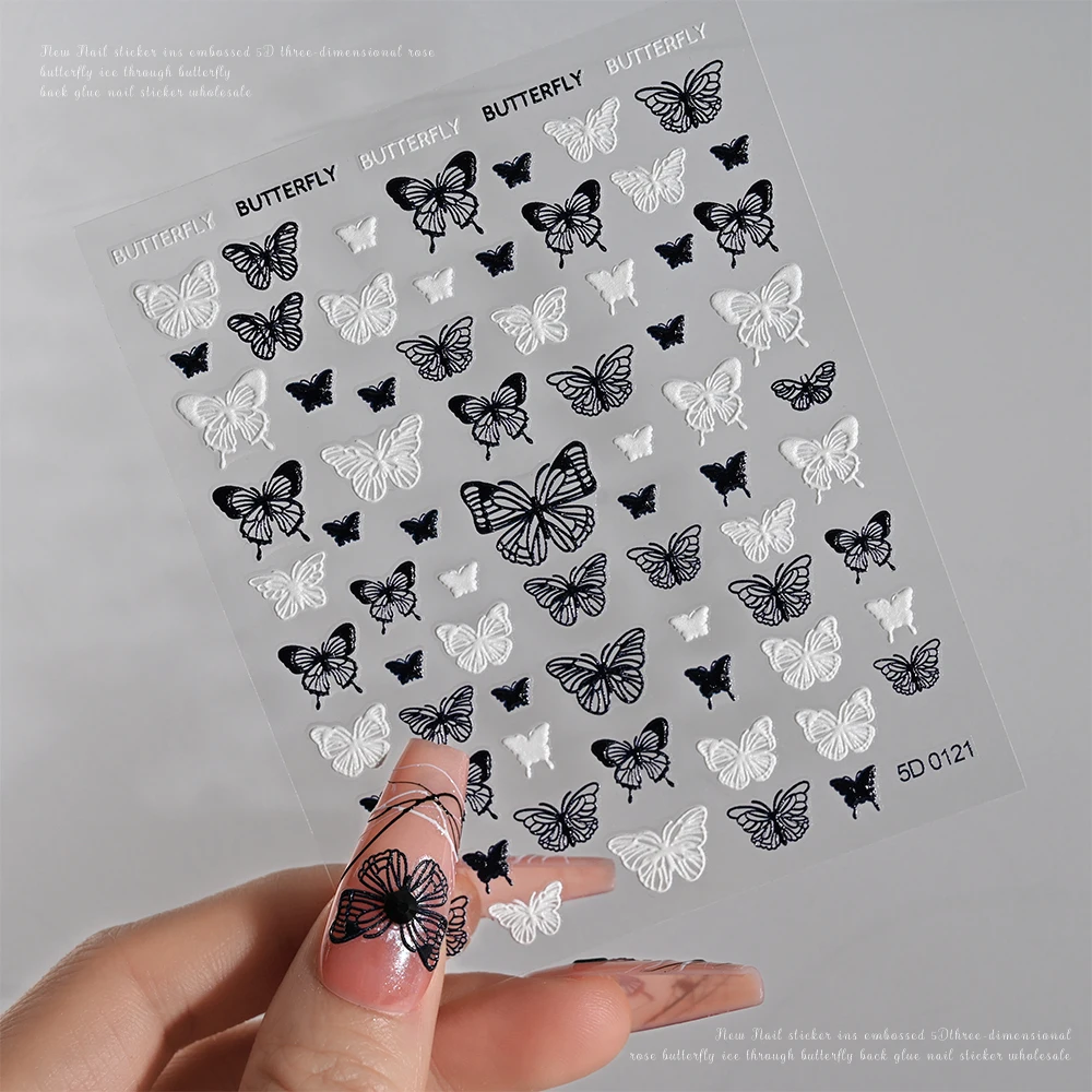 1pc 5D Embossed Lace Butterfly Nail Stickers Black White Butterfly Floral Adhesive Decals 10*8cm Manicure Engraved Sliders