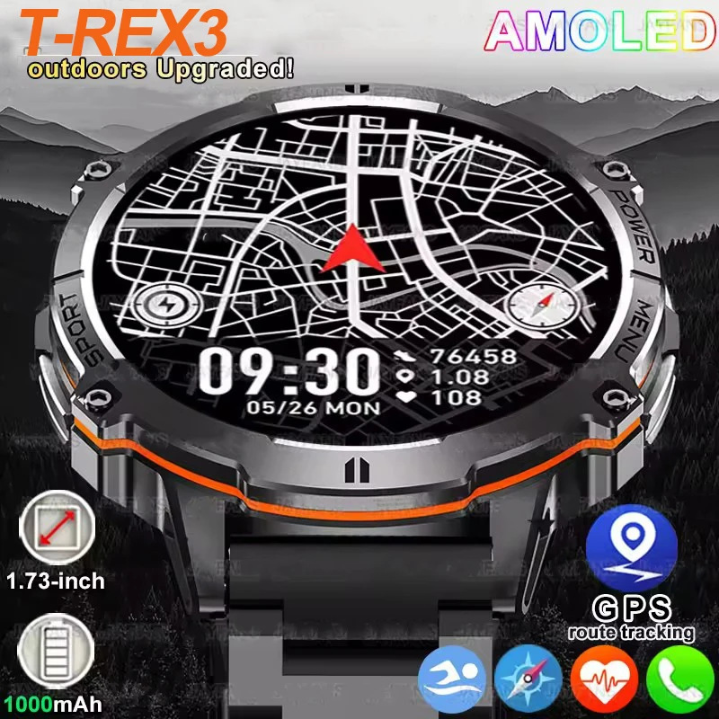 

2025 NEW T-Rex3 Men Outdoor Military GPS Smart Watch 1.73 AMOLED HD Screen Compass 1000MAH BT Call 5ATM Waterproof Smartwatch