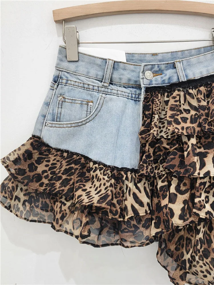 DEAT Trendy Women\'s Patchwork Leopard Print Design Denim Skirts 2024 Summer Fashion Ribbon High Waist Cake Skirt Female 33A1587