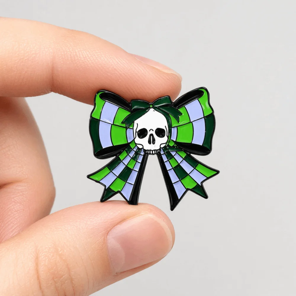 Punk Dark Ribbon Bow Skull Brooch Plaid Design Cute Cartoon Bow Brooch Oil Drop Texture Alloy Enamel Pin Backpack Decoration