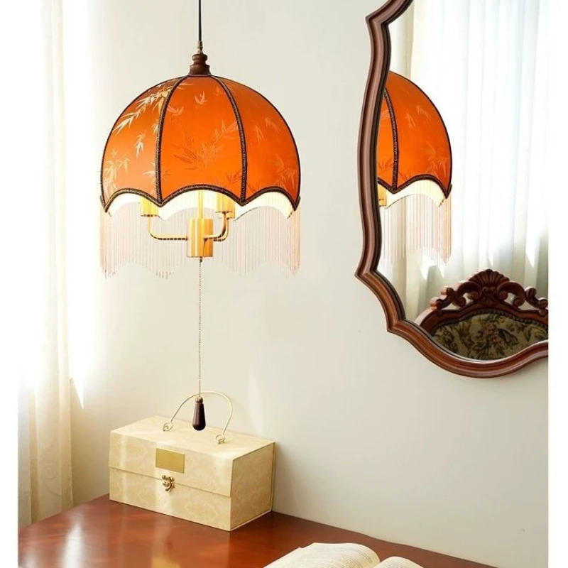 

French medieval solid wood fabric restaurant light designer embroidered tassel bedroom chandelier retro homestay study light