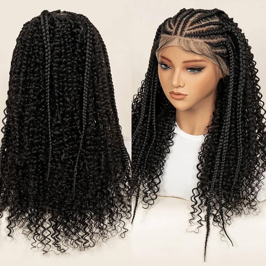22Inch Curly Wig Synthetic Braided Wig With Baby Hair 13X6 Lace Wigs With Half Cornrow For Black Women