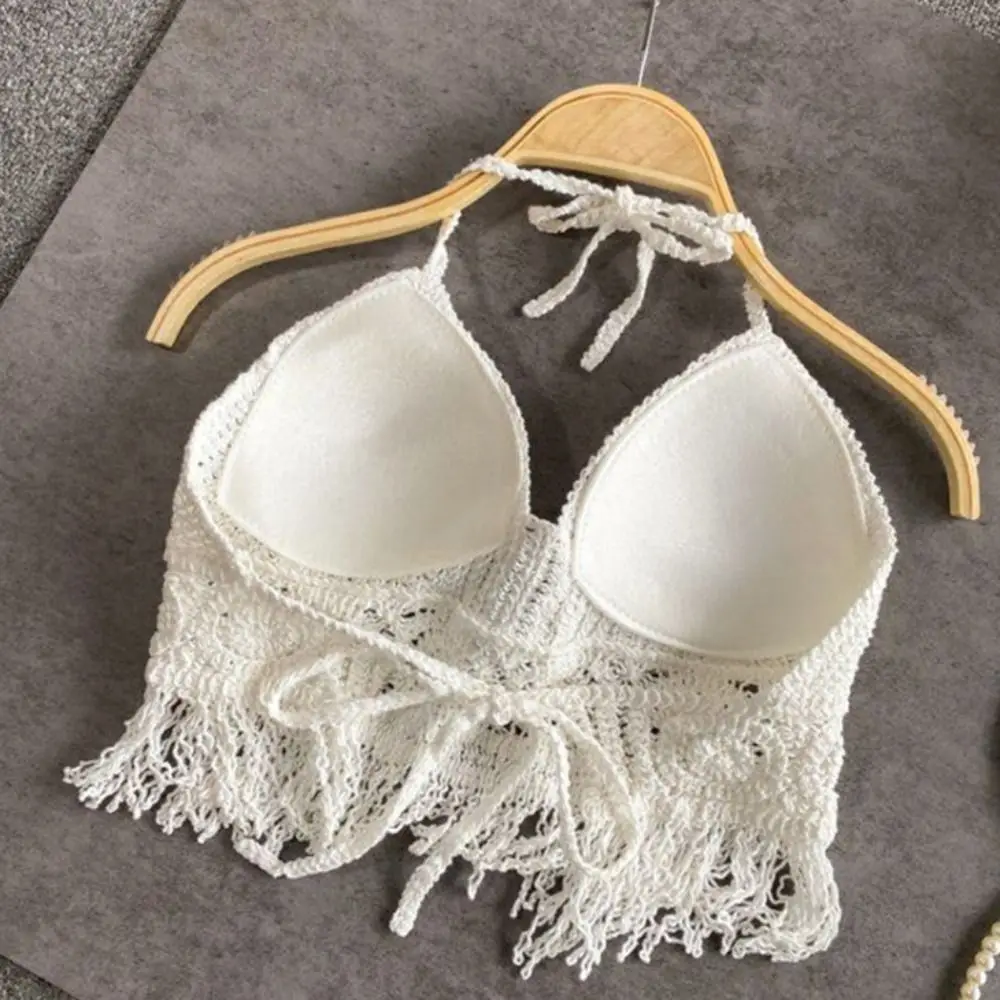 with Chest Pad Hollow Out Short Tank Top Tassel Embroidery Women Underwear Summer Beach Halter Top