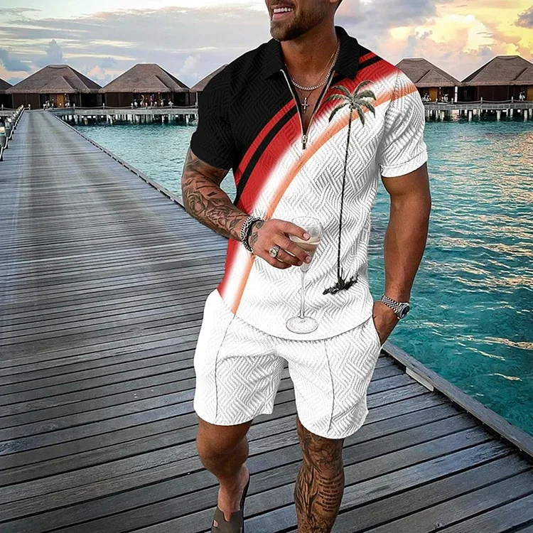 

Beach Coco 3D Printed Men's Sweatsuit Set New Summer Casual Zipper Collar Polo Shirt And Shorts 2pcs Sets Fashion Man Clothing