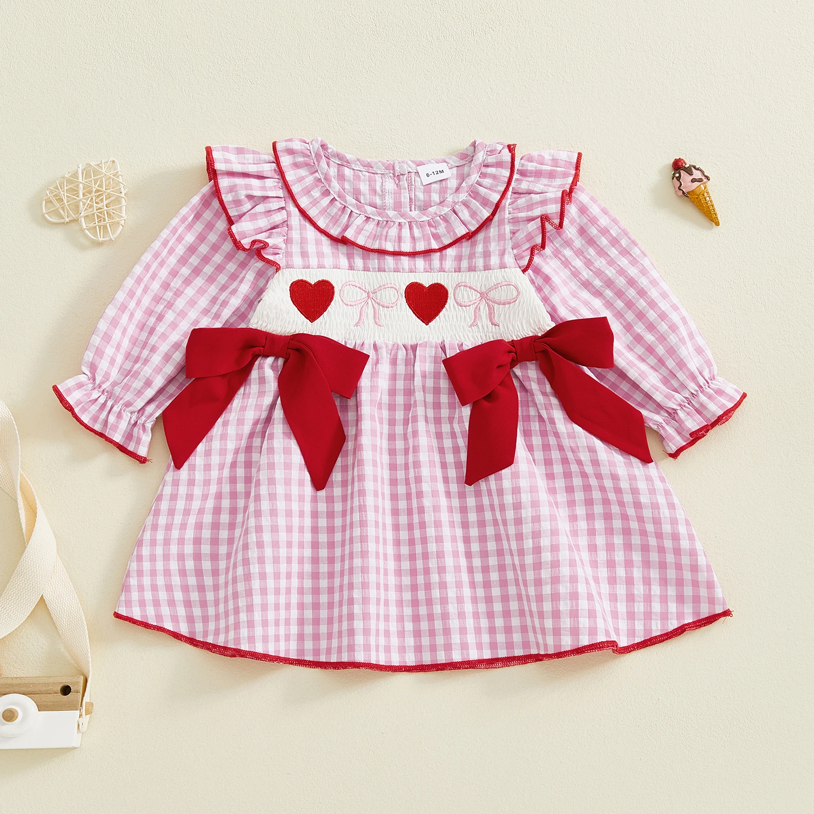 Toddler Girls Valentine s Day Dress Heart Bow Embroidery Long Sleeve Ruffled Round Neck Plaid Dress 6M-4T