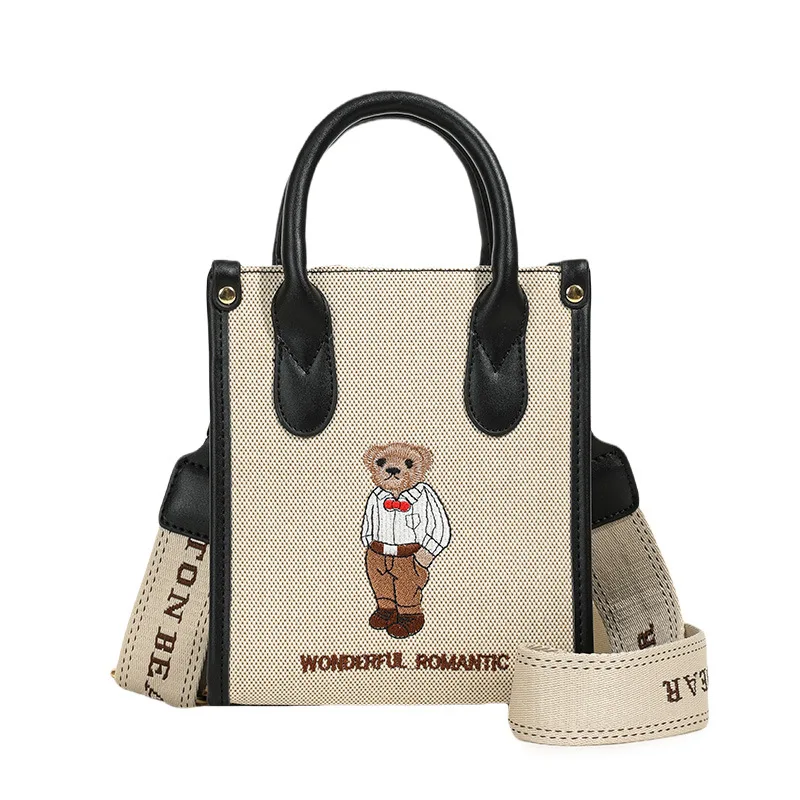 Beibaobao New 2024 Single Shoulder Crossbody Bag Universal Urban Embroidered Canvas Bear Bag Classic Women\'s Bag Handbag