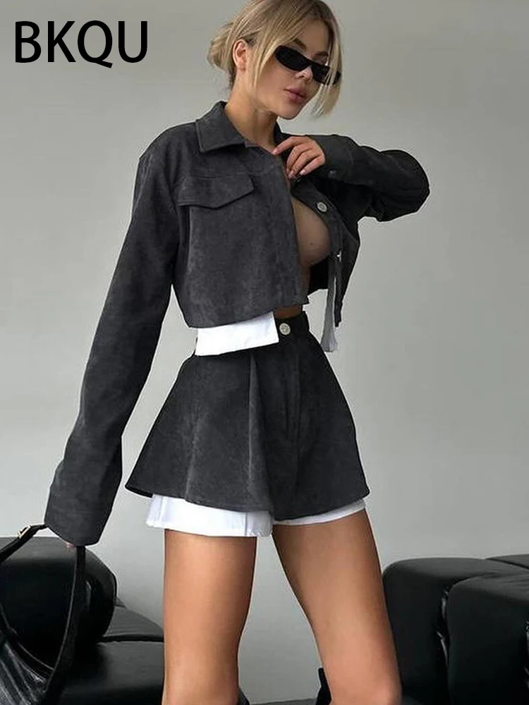 BKQU Fashion Two Piece Sets Women Jacket Outfit 2024 Vintage Long Sleeve Button Coat+High Waist Mini Skirt Female Y2K Streetwear