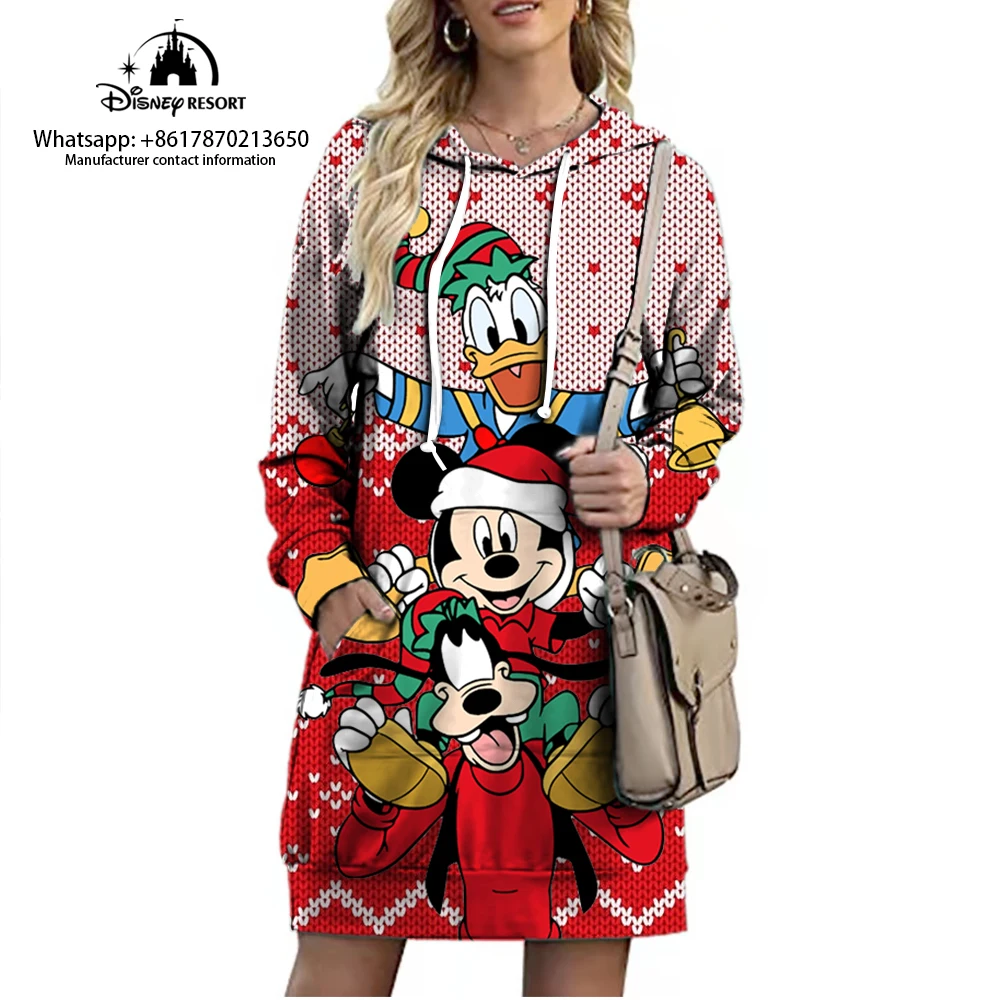 Winnie the pooh e mickey dos desenhos animados coleção de natal streetwear disney marca longo hoodie outono novo mini vestido sexy 2022