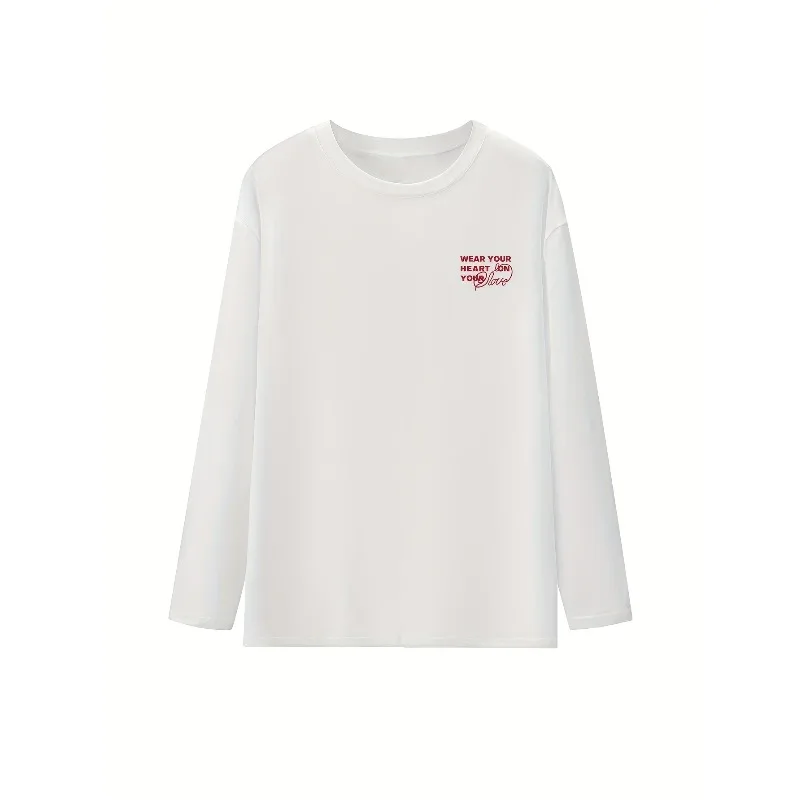 Spring Summer Casual Versatile English Print Mid-Length Round Neck Long Sleeve T-Shirt Women'S Loose Top