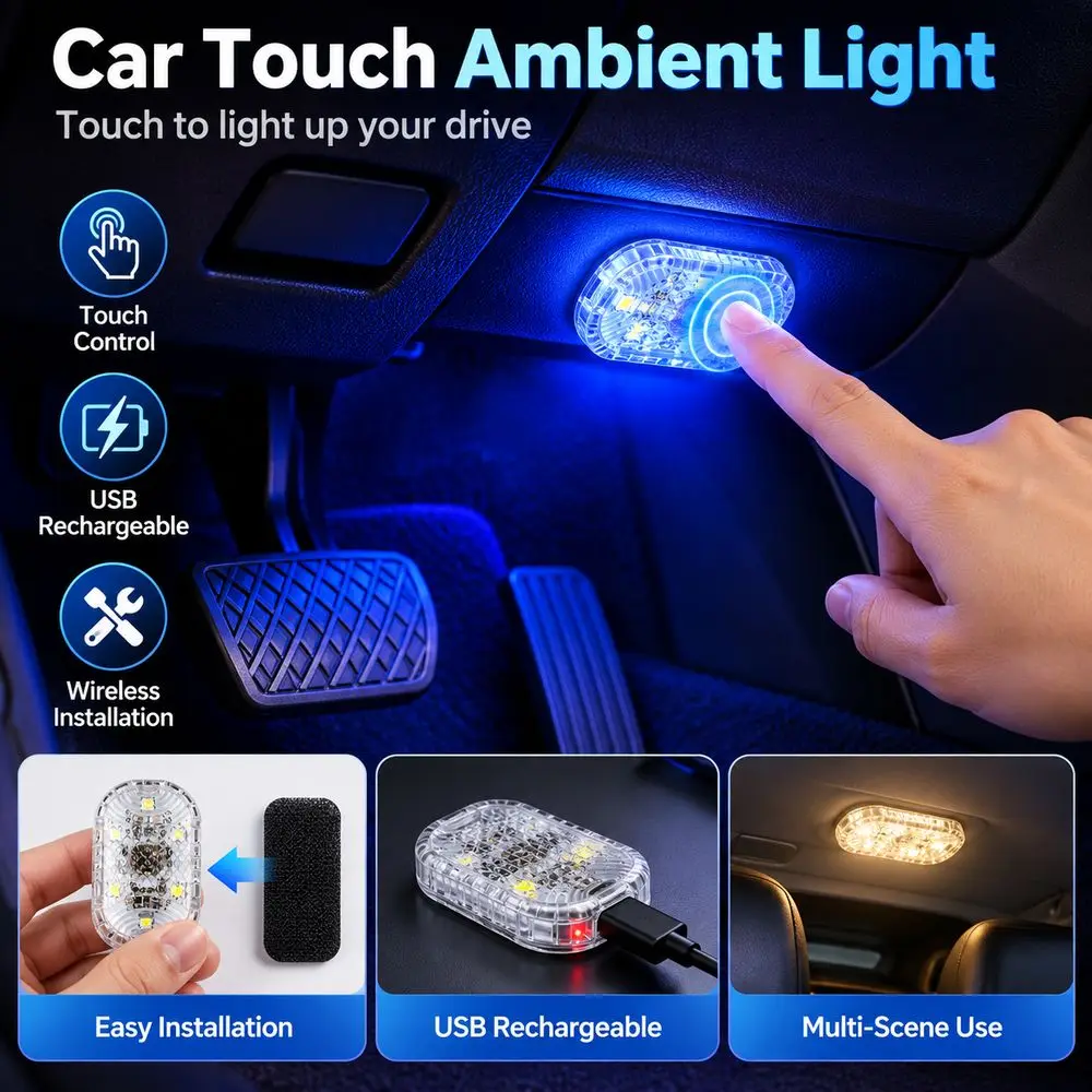 Single/Seven Color Loop Car Touch Ambient Light Touch Control USB Rechargeable Car Interior Ambient Light