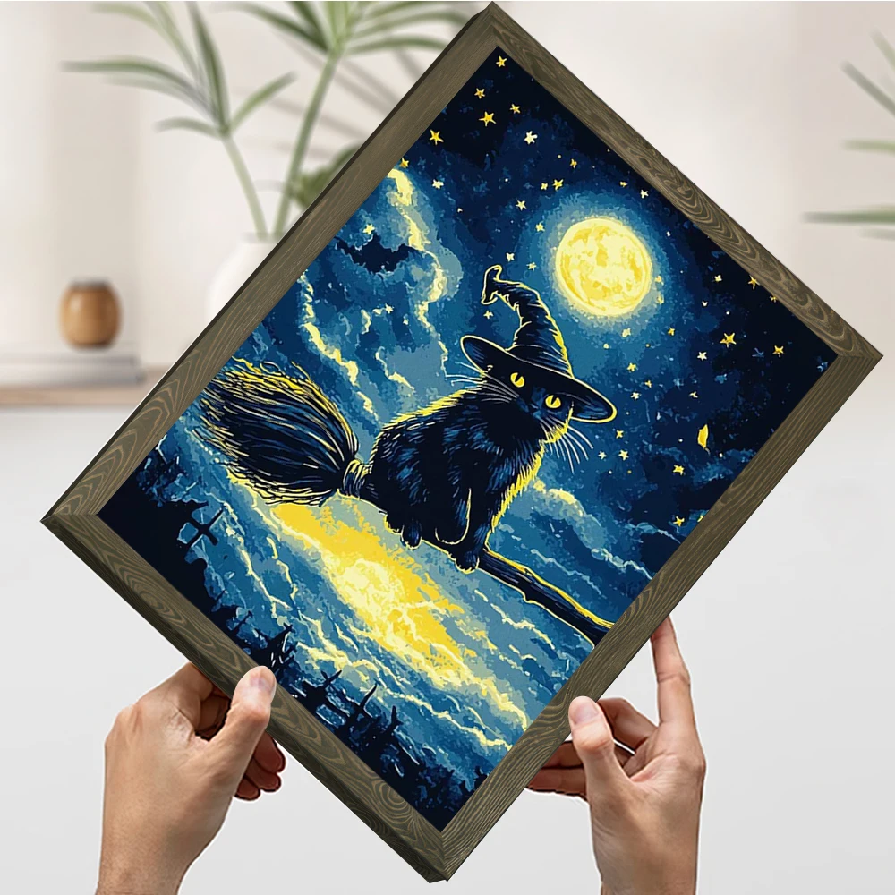 أسود القط الساحرة على مكنسة هالوين الرعب يطبع المشارك مخصص حائط لوح رسم الفن غرفة زينة ديكور صورة المنزل