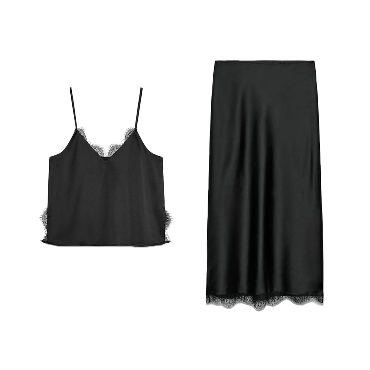 실크 새틴 질감 레이스 트림 테르 네 탑 미디 스커트 세트 캐주얼 슬레 A라인 좁은 스트랩 베스트 울트라 오트 길이 폴리에스터...
