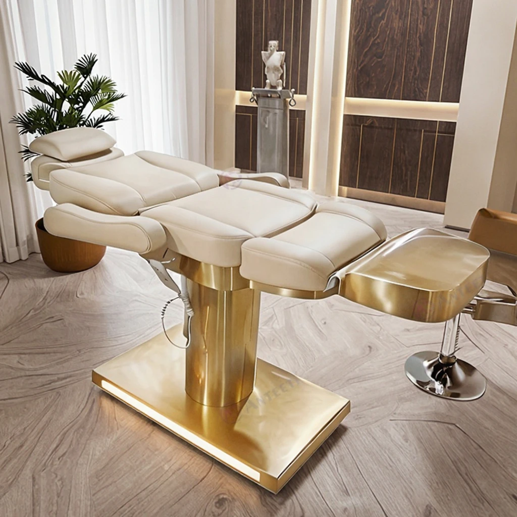 Anteeth Exquisite Elegant Salon Furniture Gold Base Beauty Massage Chair PVC Leather Electric Facial Treatment Bed