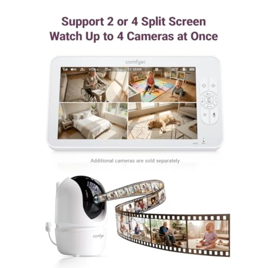 Baby monitor for nursery use, ABS plastic, black, 7 HD split-screen display with 2 cameras, no WiFi, 6000mAh battery, VOX sound