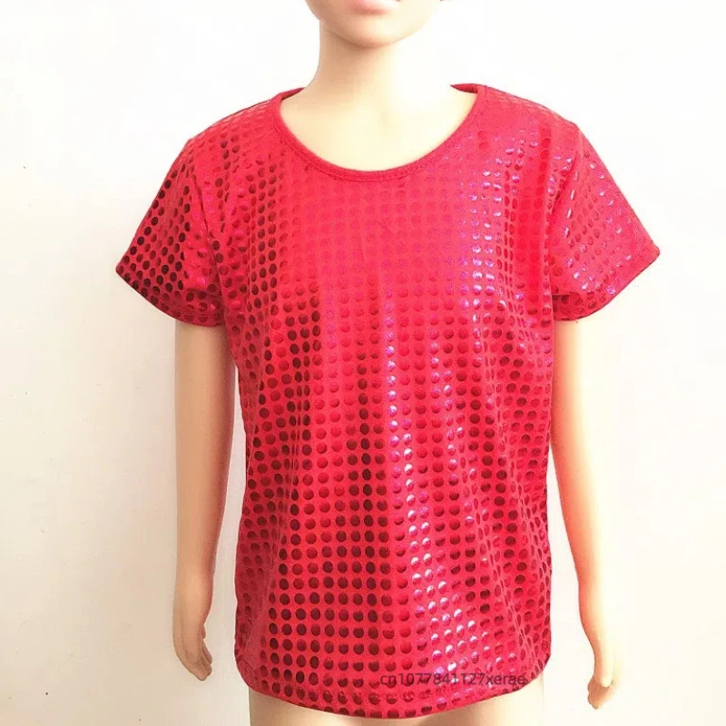 Детские костюмы для джазовых танцев, свободные футболки с короткими рукавами и блестками, костюмы для группового фестиваля, сценических танцевальных выступлений