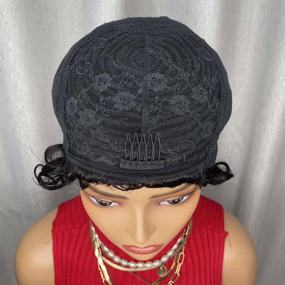 흑인 여성을 위한 짧은 곱슬 픽시 가발 브라질 인모 기계 제작 천연 블랙 밥 가발 일상용